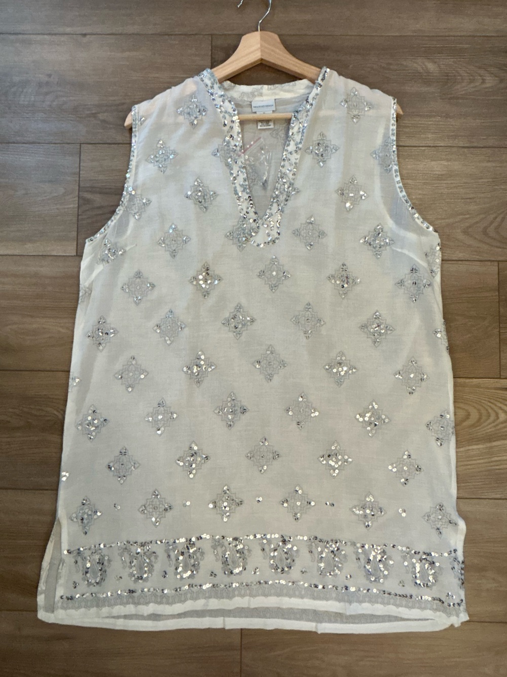 Newport News XL White Sequin Embellished Cotton Boho Tunic Top